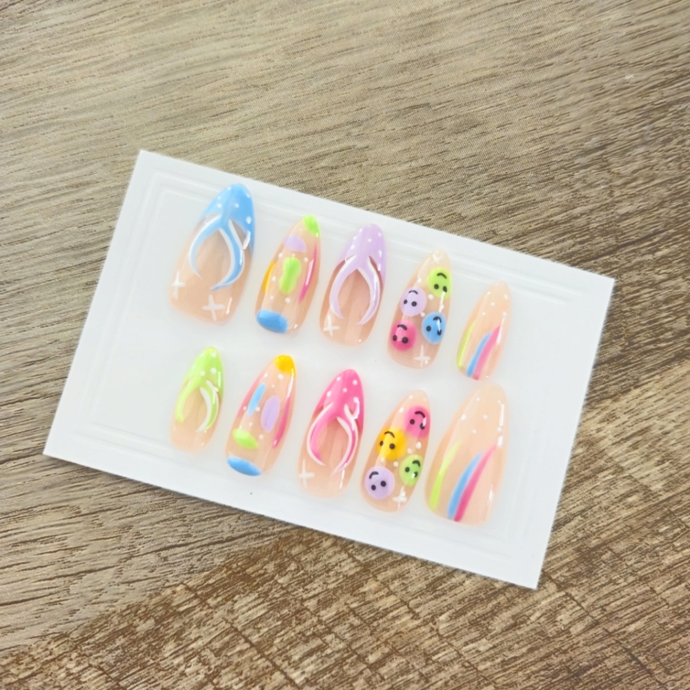 Smiley Face Colorful Nail Set Medium Almond Press on Nails Handmade Nails